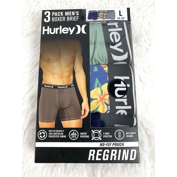 3 Pack Hurley Men's Regrind Boxer Briefs Size L Green Blue Floral Stretch - Picture 1 of 10